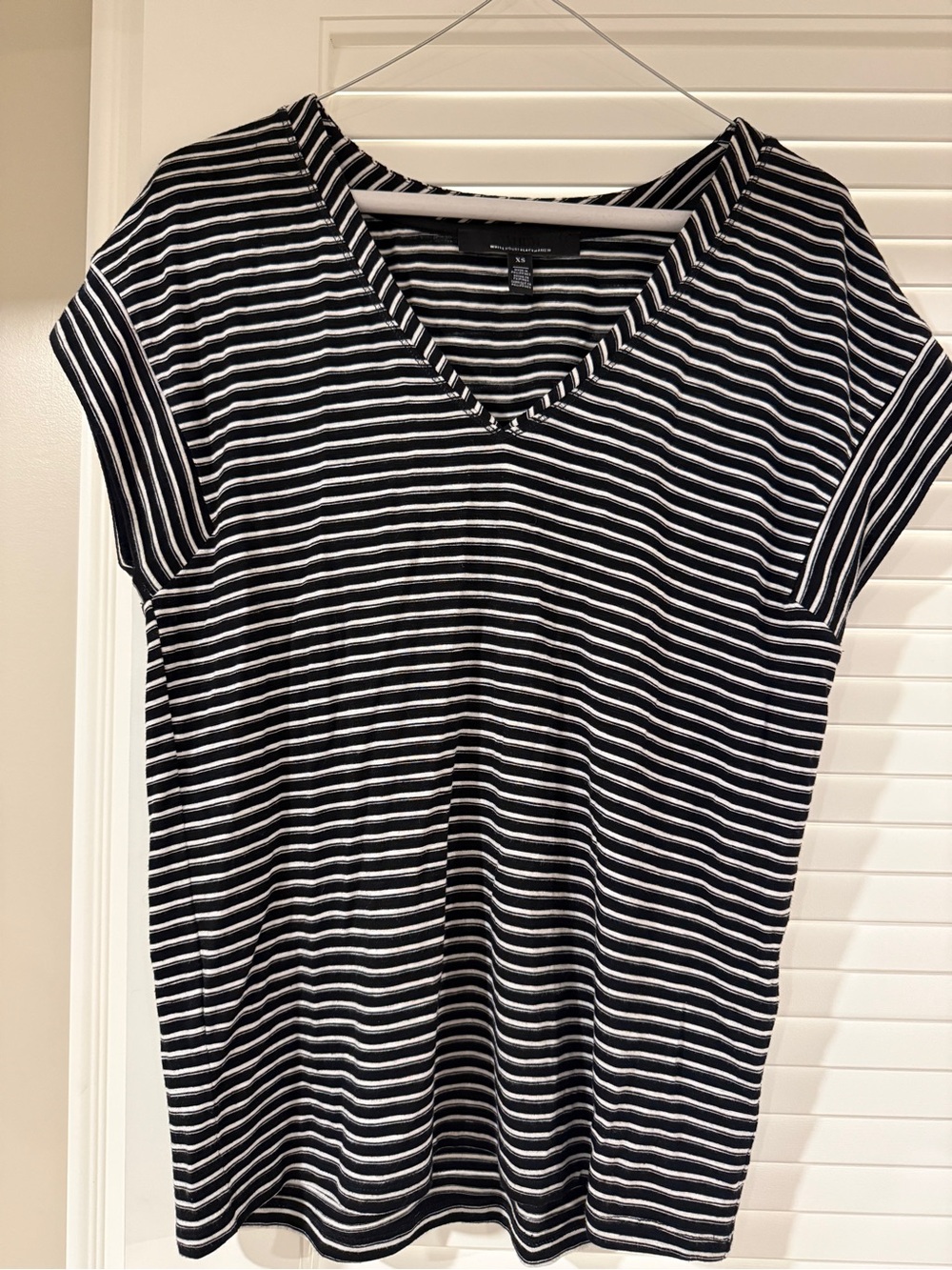 White House Black Market Black and White Striped V-Neck Tee